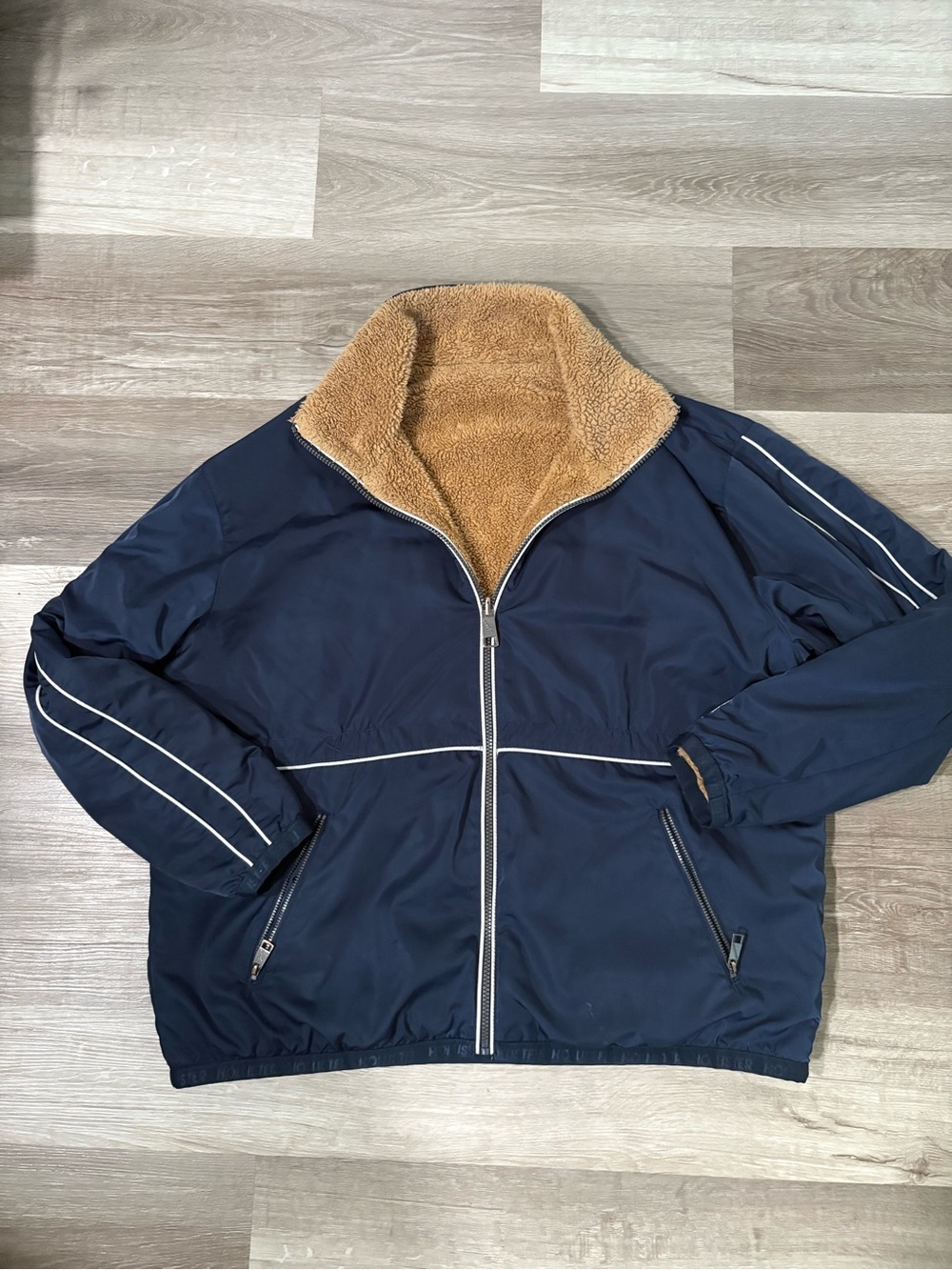 Hollister Navy Blue Reversible Jacket with Tan Sherpa Lining